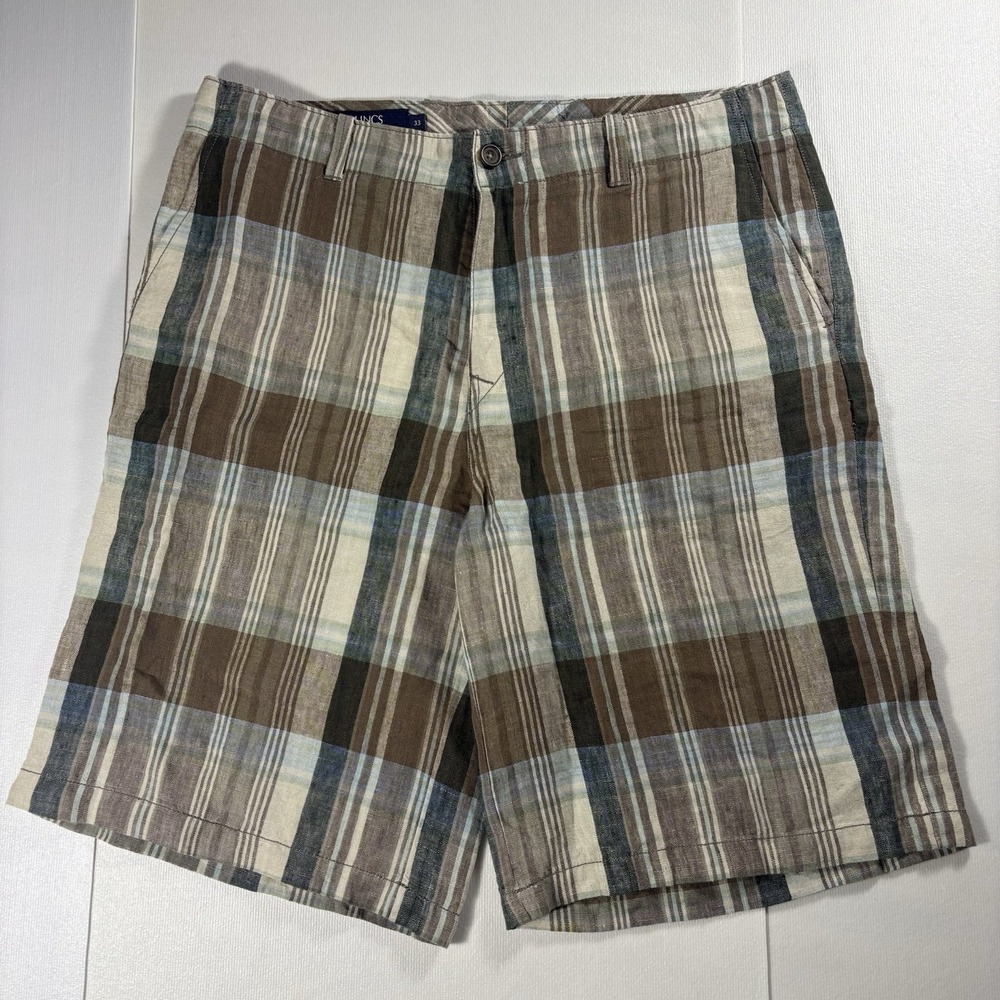 LINCS David Chu Men's 100% Linen Plaid Flat Front Shorts Size 33 Brown Blue